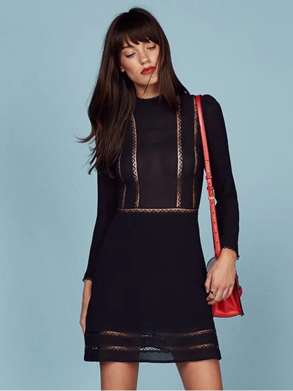 Reformation Black Long-Sleeve Lace-Inset Mini Dress